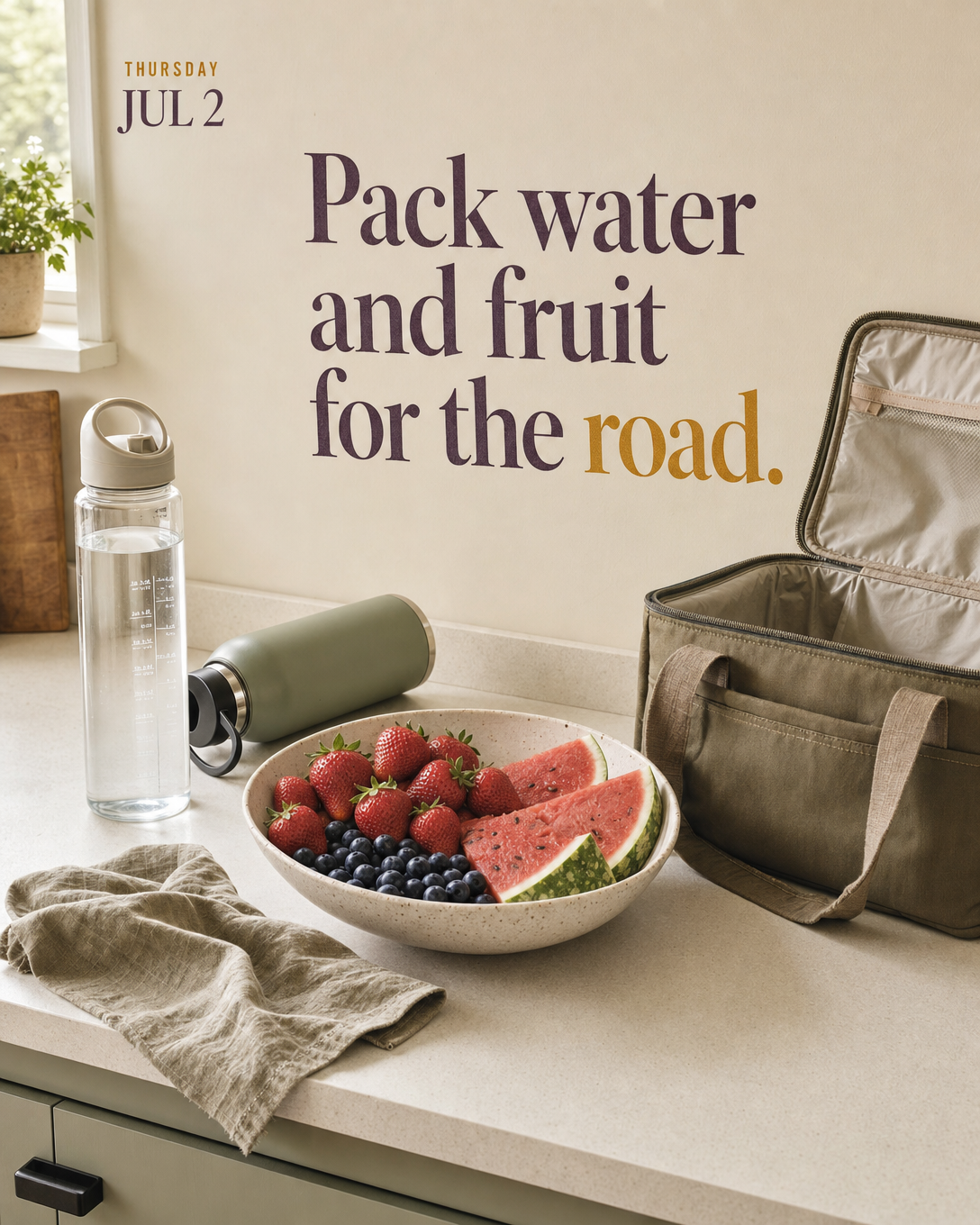 Pack water and fruit for the road.