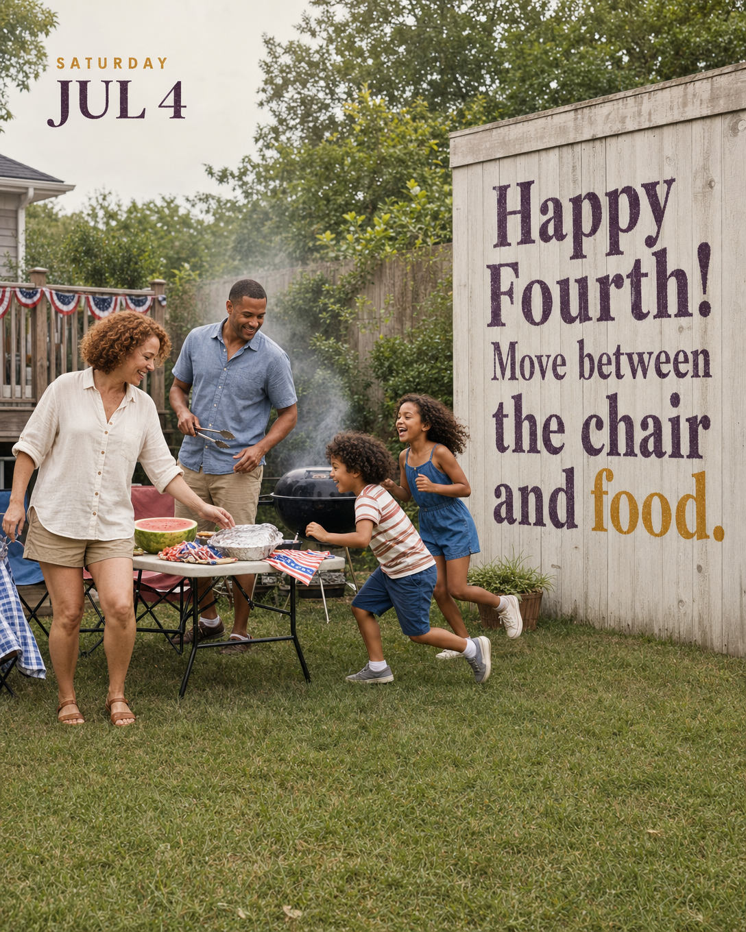 Happy Fourth. Move between the chair and the food.