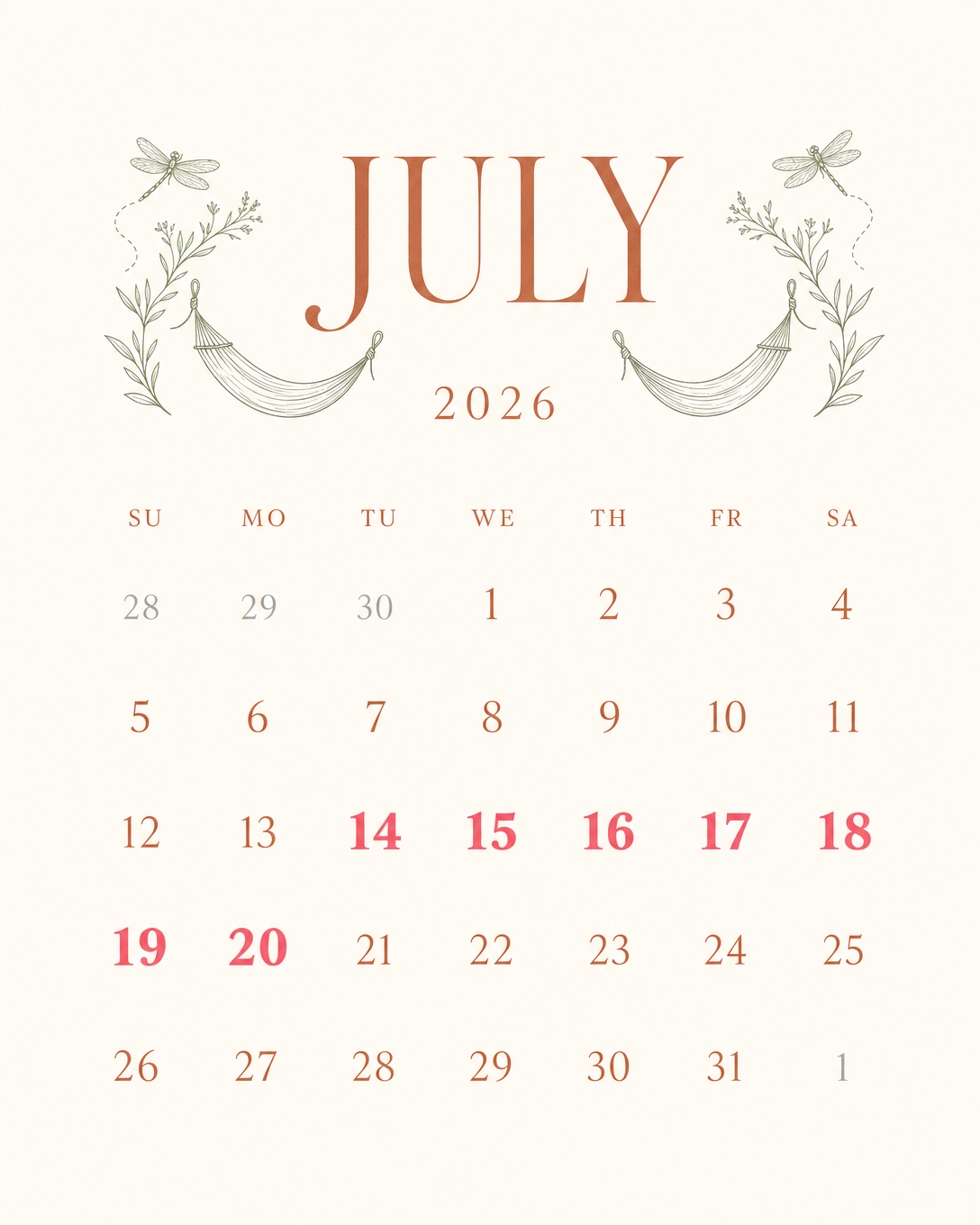 July 2026 wellness calendar